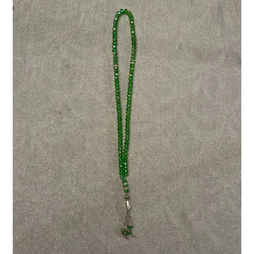 Vintage 60s Green Beaded Necklace 1960s Retro Pastel Dangle Crystal Hippie Mod
